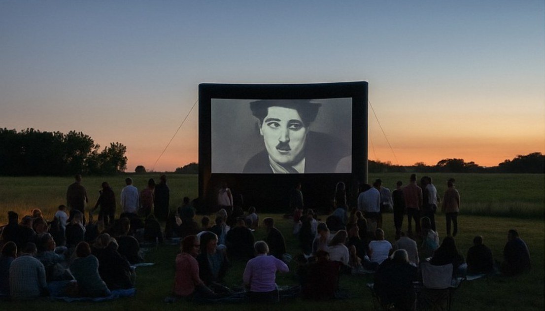 Standard 16' outdoor theater system at dusk, square taut frame, community audience seated on the grass
