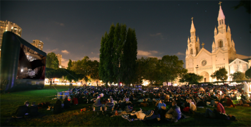 Open Air Cinema 40' Elite inflatable movie screen at Washington Square, San Francisco
