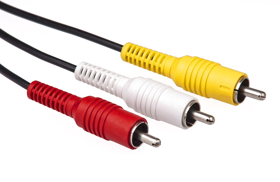 Composite RCA cable with yellow video and red and white audio plugs