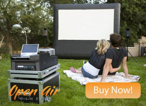 Open Air Cinema Pro outdoor movie system with a free-standing A-frame screen