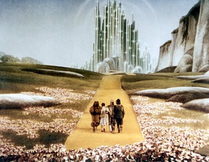 Dorothy and friends on the yellow brick road in The Wizard of Oz